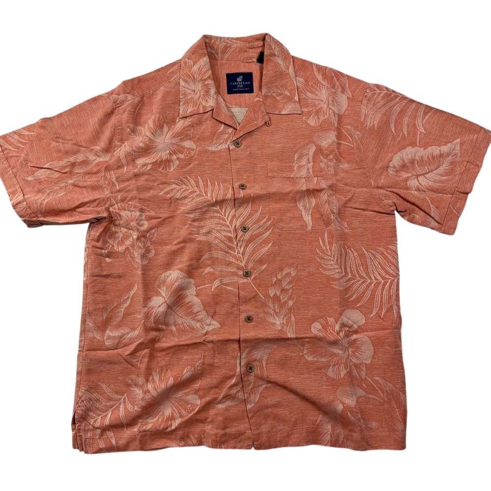 Caribbean Joe Island Supply Co 100% Silk Hawaiian Shirt Coral Floral Medium